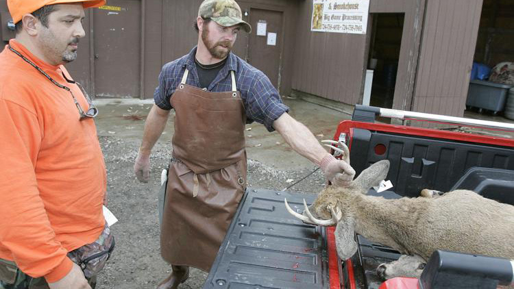 Lee Anderson, center, helps Domenic Salvucci, left, get the buck Salvucci shot into the butcher shop for processing in this 2005 file poto.  AP Photo/Keith Srakocic