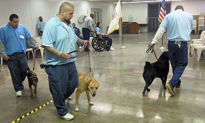 Shawnee Correctional Center inmates walk shelter dogs in a training exercise