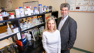 Kinesiology and community health professor Marni Boppart, left, chemistry professor Jonathan Sweedler and their colleagues developed a new method to recover skeletal muscle after disuse. They report their findings in the Journal of Physiology.  Photo by Michelle Hassel
