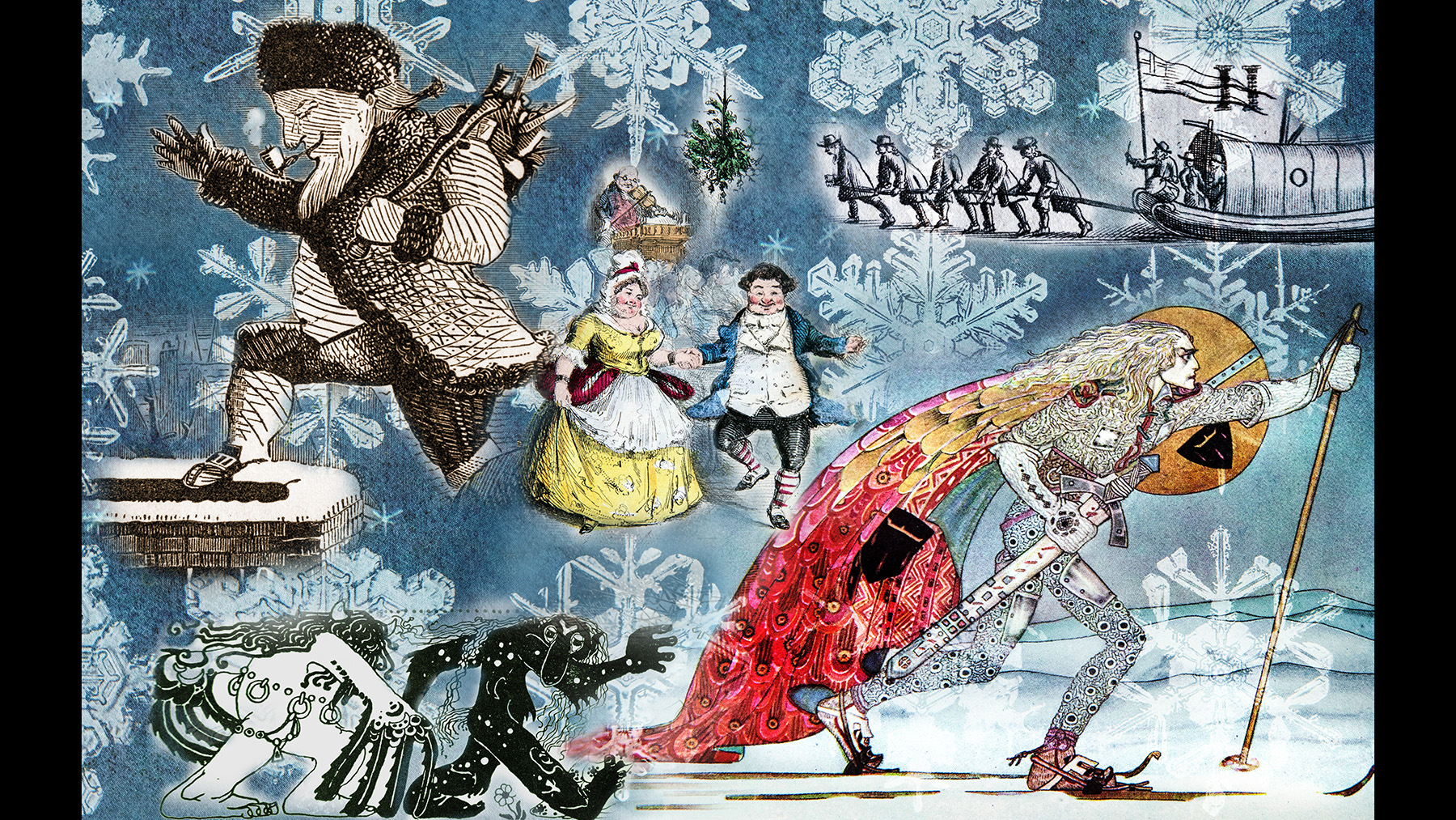 A composite of images from holiday- and winter-themed books at the Rare Book and Manuscript Library. Photos by Fred Zwicky