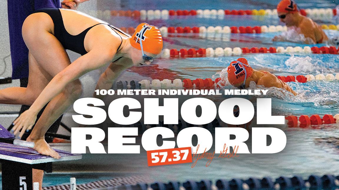 banner image for breaking of school record in the individual medley includes image of Sydney Stoll preparing to enter the water for a race