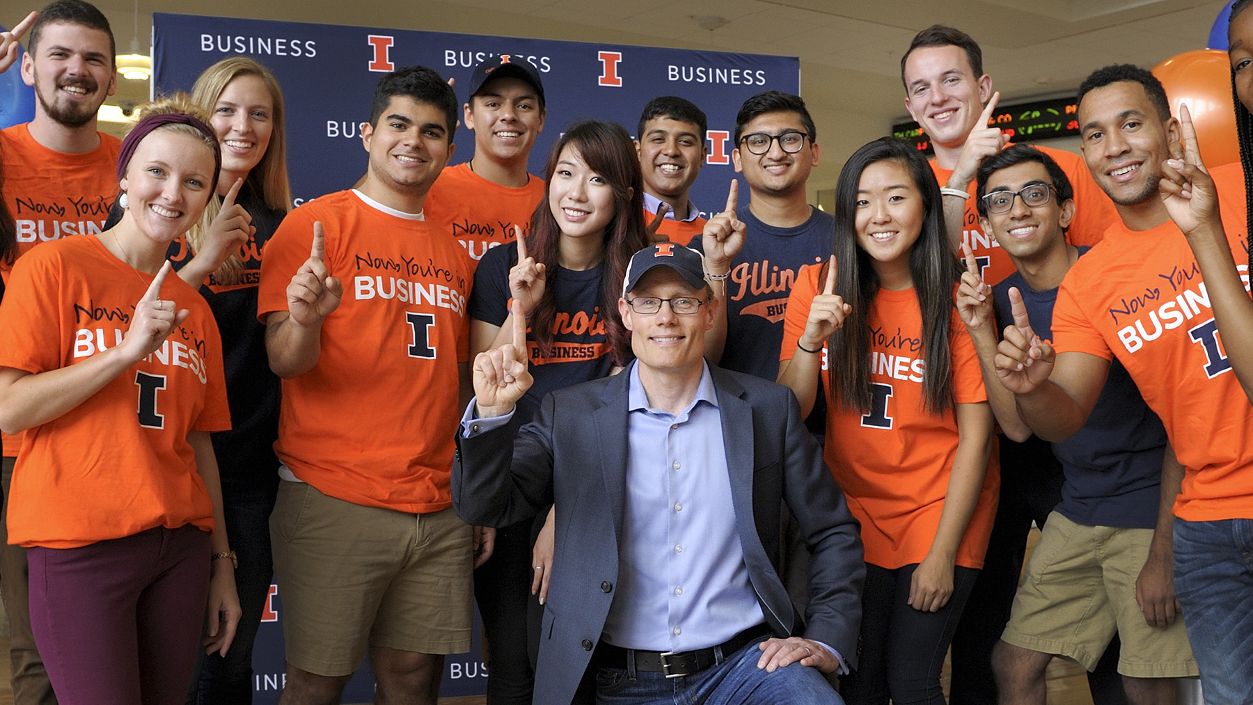 Larry Gies with Gies College of Business students.