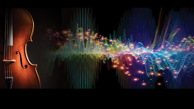 graphic of cello beside quantum universe depiction