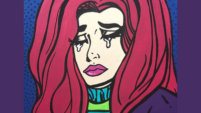 cartoon image of crying woman by Brook Elam, a Champaign artist who makes pop comic art paintings