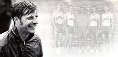 two black and white images - Gary Wieneke smiling headshot, and Wieneke with four track athletes circa 1980s