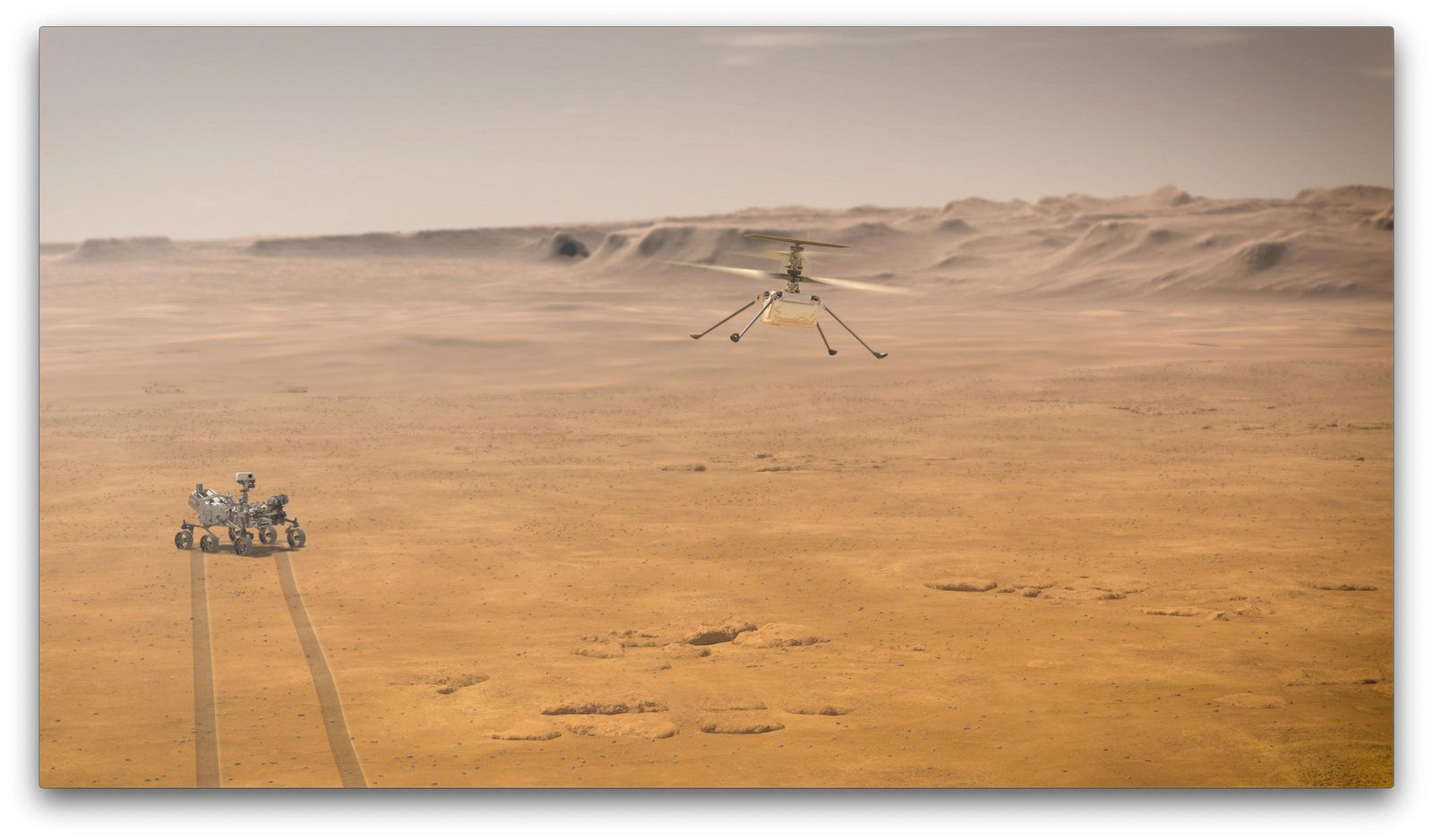 When NASA's Ingenuity Mars Helicopter attempts its first test flight on the Red Planet, the agency's Mars 2020 Perseverance rover will be close by, as seen in NASA's concept.