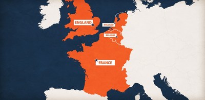 simple map of Europe with destination countries colored orange