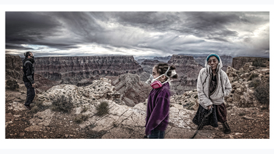 a composite image made by Native American photographer Will Wilson of himself, his daughter and his mother on the rim of the Grand Canyon in “AIR: Confluence of Three Generations.”