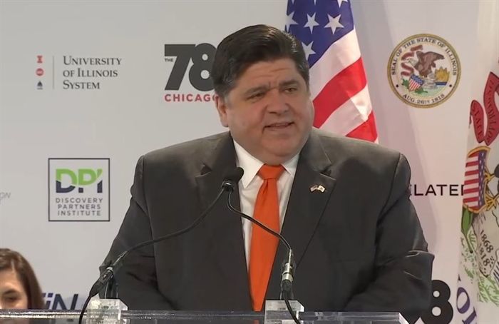 Gov. J.B. Pritzker speaks Wednesday at the future site of the Discovery Partners Institute in Chicago