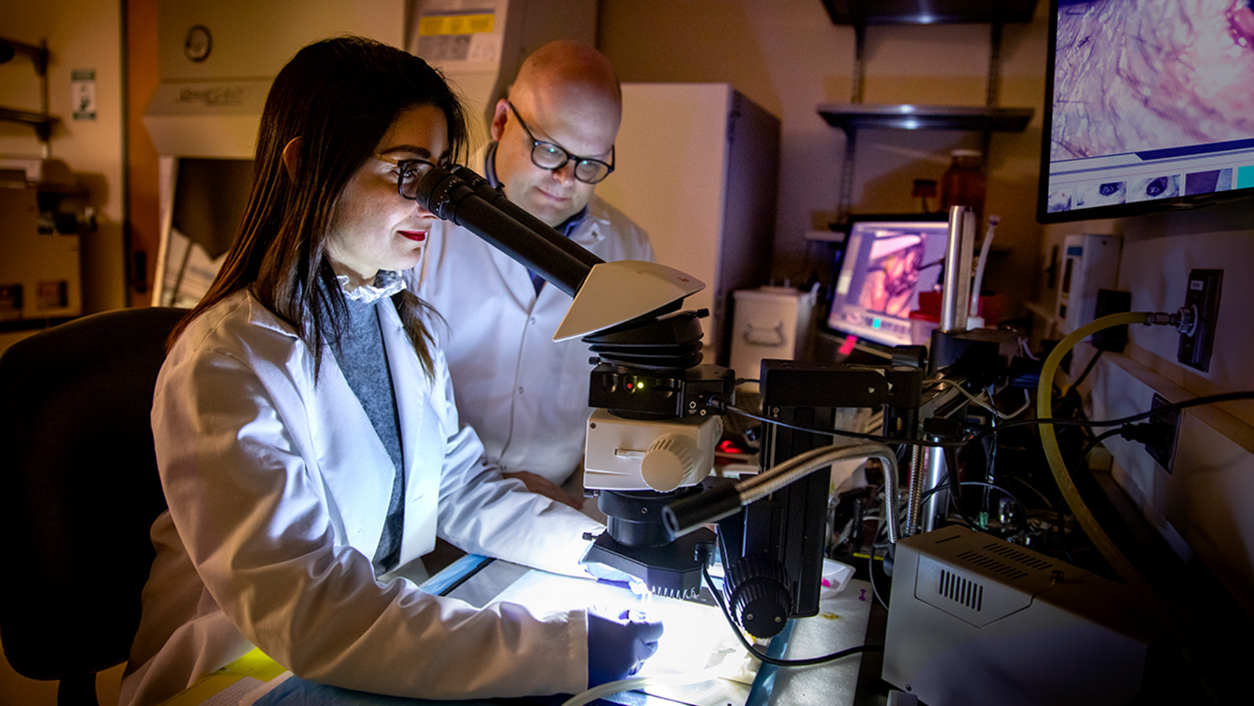 Illinois researchers used a suite of imaging methods to create the first holistic picture of peripheral artery disease recovery. Pictured: postdoctoral researcher Jamila Hedhli and professor Wawrzyniec Dobrucki.  Photo by Fred Zwicky