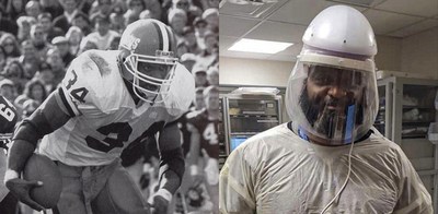 side-by-side images of Kameno Bell in football gear and in full PPE as an emergency room doctor