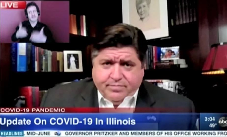 Gov. J.B. Pritzker delivers his daily briefing from his Gold Coast home on Monday. Screen image