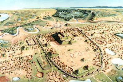 Cahokia. Image courtesy Cahokia Mounds State Historic Site, painting by William R. Iseminger.