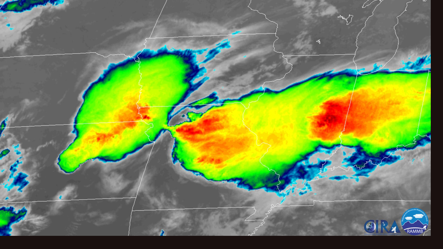 Two storms merged over Kansas City, Mo., on Thursday morning as seen in this GOES East satellite image. (RAMMB/CIRA)