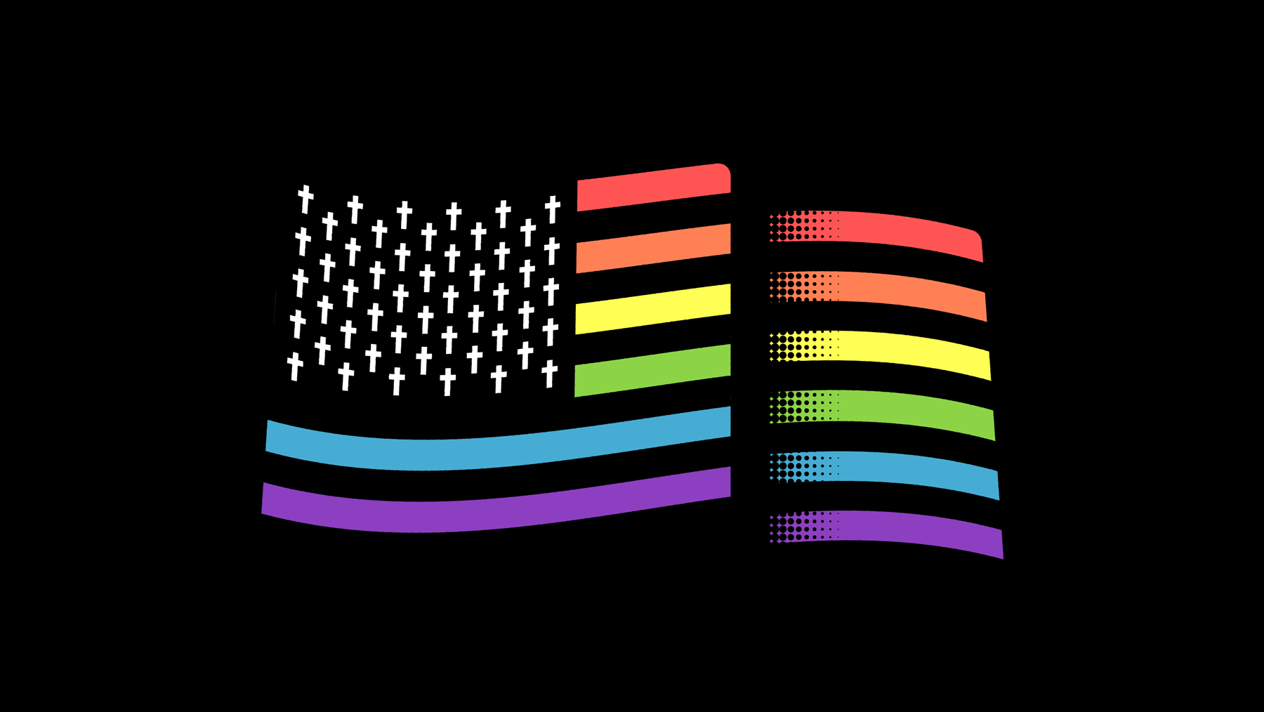 'rainbow American flag graphic with crosses where stars normally would be. Graphic by M. B. Vincent
