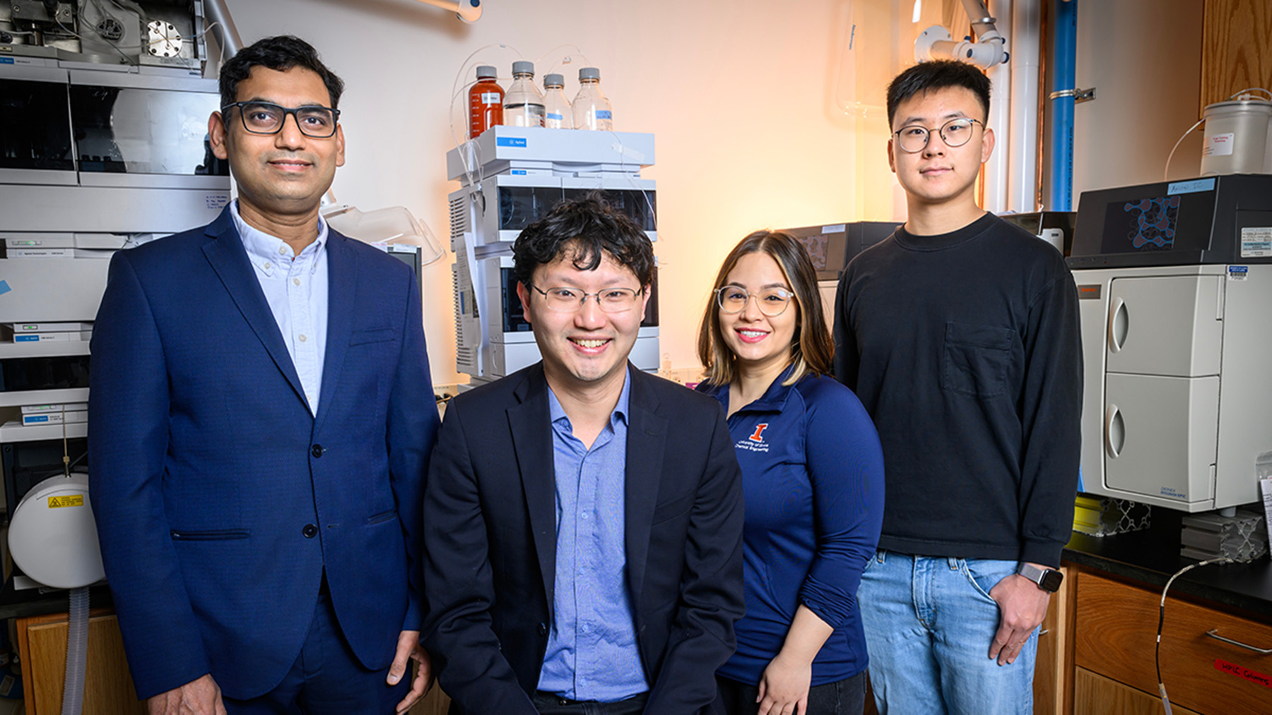 Illinois researchers including professor Diwakar Shukla, left, professor Xiao Su, Anaira Román Santiago and Song Yin collaborated on a study that verifies that electrochemistry – rather than filtration and harmful solvents – can remove short-chain PFAS from the environment and municipal water supplies. Photo by Fred Zwicky