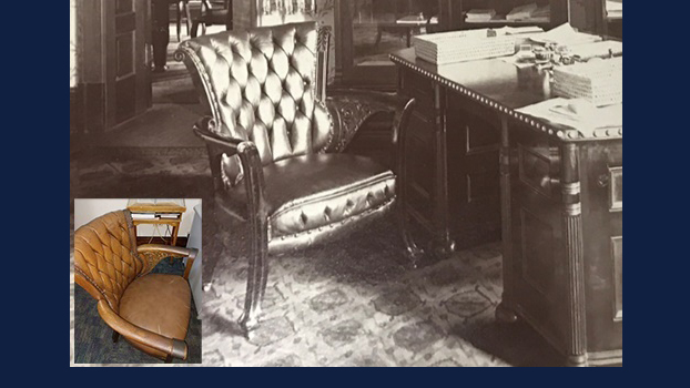 With help from an archival photo, an architect determined that an existing chair (lower left) in a professor's office in Altgeld Hall is an original from the office of former U of I President Andrew Draper, who worked there from 1897-1904. (Photos courtesy of Bailey Edward.)