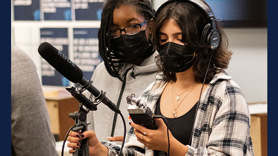 Students learn about audio tools in the Illinois Student Newsroom at IPM. (Photos by Isabella Pennebaker, photography intern.)