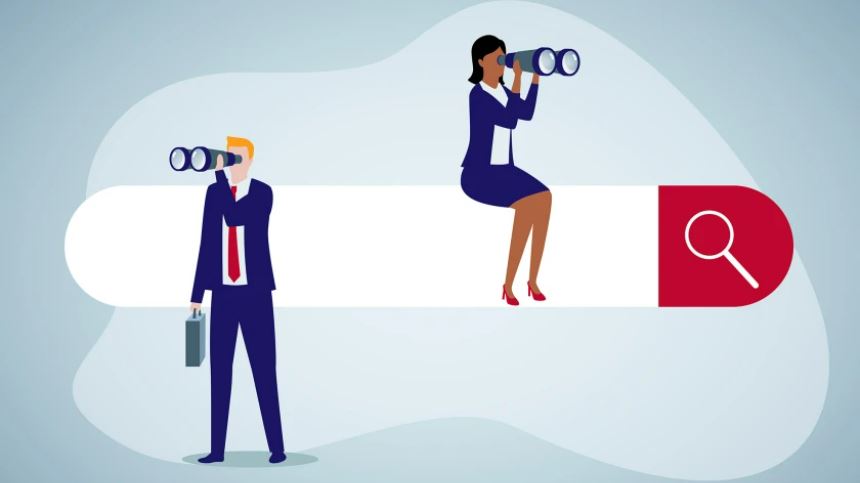 graphic from iStock/Getty shows generic 'teacher' figures with binoculars over a standard web page search box