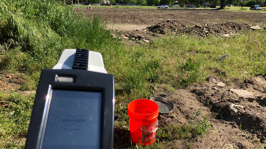 tools used to measure lead contamination in soil samples shown at a Chicago area greenspace