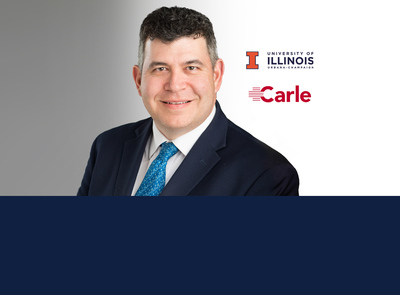Dr. Mark S. Cohen will be the next dean of the Carle Illinois College of Medicine.  Photo provided, graphic by Michael Vincent