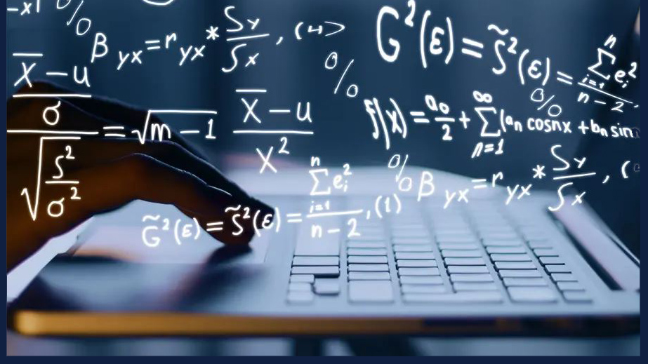 stock image of a laptop computer under graphic of equations