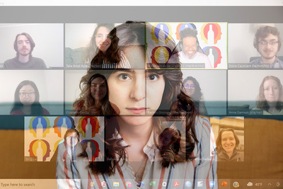 Photo montage of the researcher’s face reflected in a chat screen with several other people onscreen.