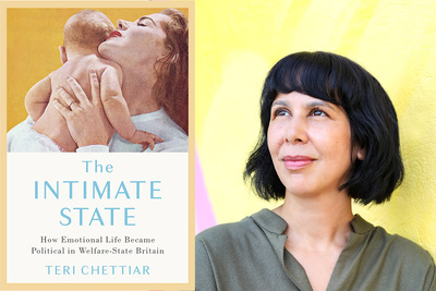 Diptych image of book cover and headshot of Teri Chettiar