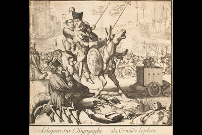 Image of a 17th-century engraving showing two soldiers on a horse waving flags, another man on a giant insect in the foreground, and ships and cannons in the background.