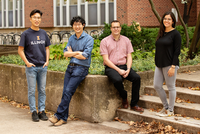 Illinois engineers Kwiyong Kim, left, Xiao Su, Johannes Elbert and Paola Baldaguez Medina are part of a team that developed a new polymer electrode device that can capture and destroy PFAS contaminants present in water.