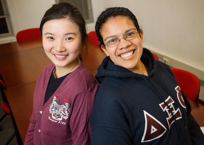 Delta Xi Phi sisters Shixin Lan, left, the associate member educator and treasurer of the U. of I. chapter of Delta Xi Phi, and Yesenia Marquez, the chapter president.