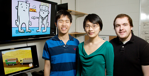 The work of undergraduate animators, from left, Pakpoom Buabthong, Annie Lin and Benjamin Blalock brings development education to people around the world on their cellphones.