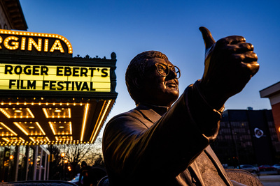 Roger Ebert statue outside Virginia Theatre in downtown Champaign