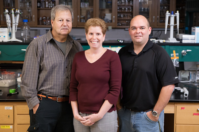 A new study of mice by scientists at the University of Illinois raises concerns about the potential impact that long-term exposure to genistein prior to conception may have on fertility and pregnancy. The study was conducted by, from left, food science and human nutrition professor William G. Helferich, comparative biosciences professor Jodi A. Flaws and animal sciences research specialist James A. Hartman.
