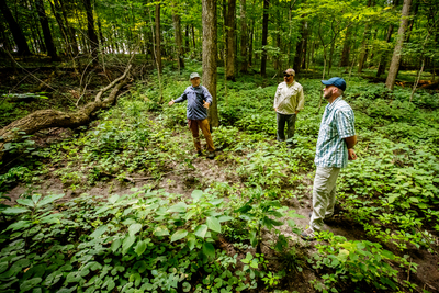 Three men stand in the woods near a depressed track and a fallen tree.