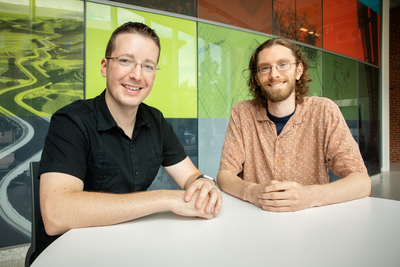Civil and environmental engineering professor Jeremy Guest, left, and graduate student John Trimmer evaluated the feasibility of using human-derived waste as a safe and valuable nutrient commodity.