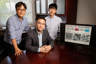 Postdoctoral researcher Jaemin Kim, professor of chemical and biomolecular engineering Yang Hong and graduate student Pei-Chieh (Jack) Shih are part of a team that developed a new material that helps split water molecules for hydrogen fuel production.