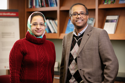 Illinois researchers developed a new drug candidate that targets a receptor inside sarcoma cancer cells. Pictured are graduate student Fatimeh Ostadhossein and bioengineering professor Dipanjan Pan.