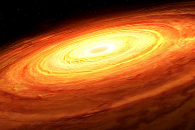 An artist’s impression of an accretion disk rotating around an unseen supermassive black hole.