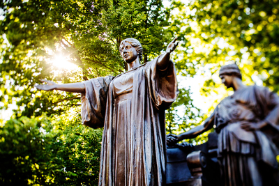 The iconic Alma Mater sculpture greets campus visitors.