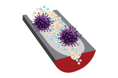 An artist's rendering of viruses passing through a nanopore sensor
