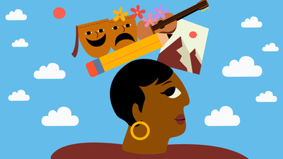 Illustration of a woman with a pencil, guitar, mountains and other thoughts above her head.