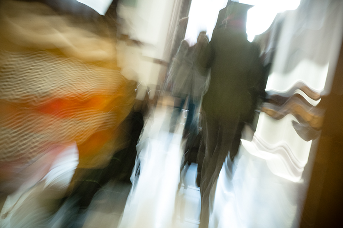 Dizzying view of a crowded hallway