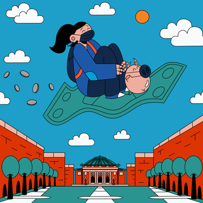 Person rides a magic carpet shaped like a dollar bill trailed by money led by a piggy bank over the University of Illinois campus.