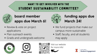 Want to get involved with the Student Sustainability Committee?  Board Member apps due March 6!  Review and vote on project applications, plan outreach events, grads and undergrads welcome.  Funding apps due March 24!  We fund projects that make our campus more sustainable.  Staff, faculty, and all students may apply.