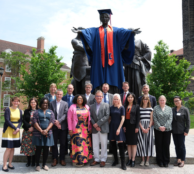 Individuals representing the University of Birmingham and individuals representing the Global Relations team at UIUC pose for a photo in front of "Alma" on the UIUC campus.