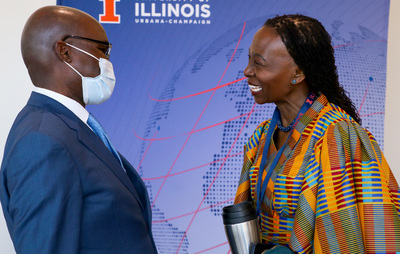 Dr. Reitumetse Obakeng Mabokela, Vice Provost for International Affairs and Global Strategies, talks with Dr. Paul Zeleza, Associate Provost and North Star Distinguished Professor at Case Western Reserve University during the Illinois Global Summit on October 19, 2022.