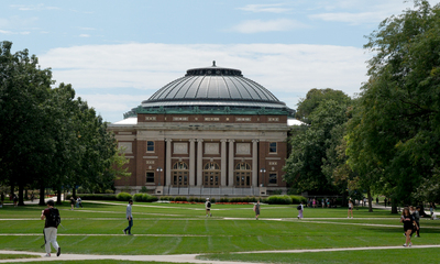 A view of the Foellinger Auditorium from the University of Illinois Urbana-Champaign main quad.