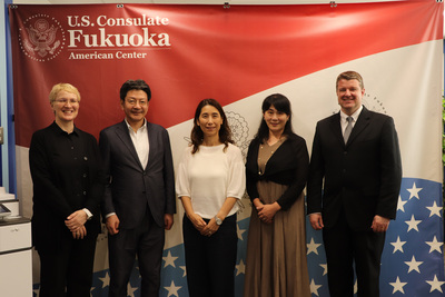 (From left to right) Natalie Konomi, the vice president for International Affairs at Kyushu University; Kenji Iwata, the executive vice president for International Affairs at Kyushu University; Mako Nakamura, professor of agriculture at Kyushu University; Hiroko Kita, assistant professor of agriculture at Kyushu University; and Dr. Matt Rosenstein, director of GET pose for a photo following a July 12 Partnership Dialogue Series hosted by Kyushu University.