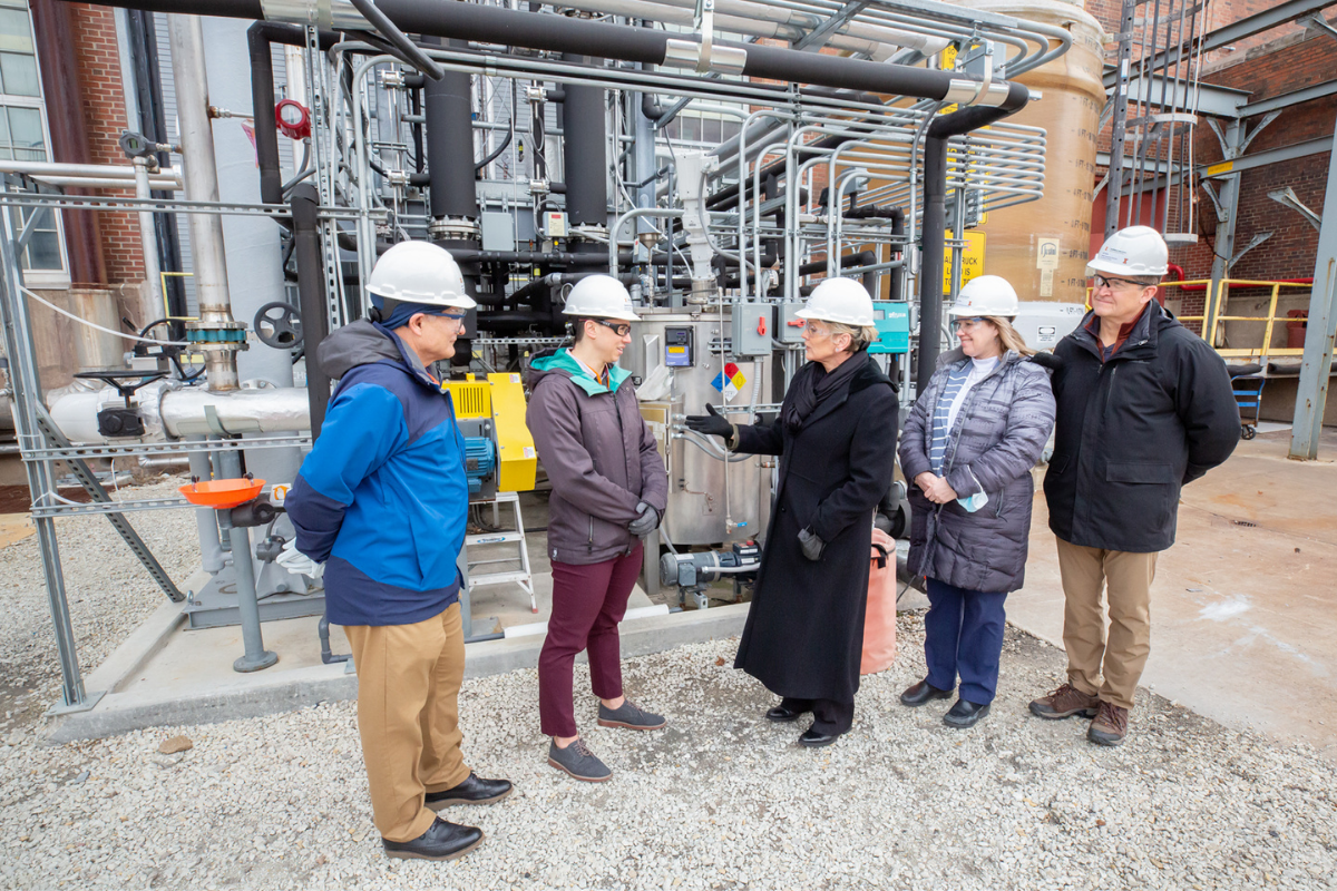 Pictured during the tour are, left to right, ISWS and ISTC Director Kevin C OBrien, principal investigator for the carbon capture project; Stephanie Brownstein, ISTC Assistant Scientist-Research Engineer; Secretary Granholm; Susan Martinis, Vice Chancellor for Research and Innovation; and Jeff Stein, PRI Interim Executive Director.  
